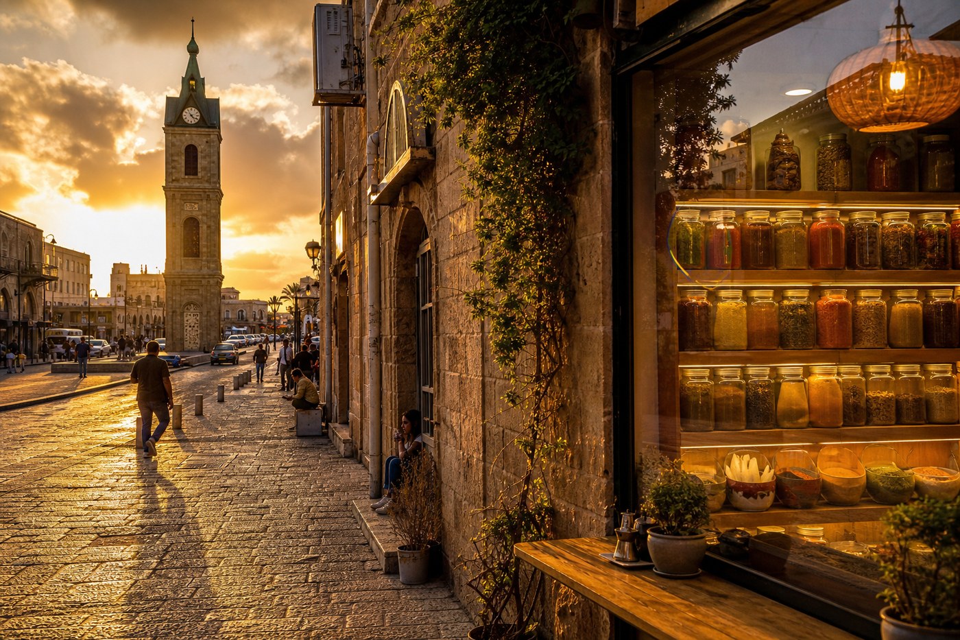 Jaffa Clock Tower Square at golden hour