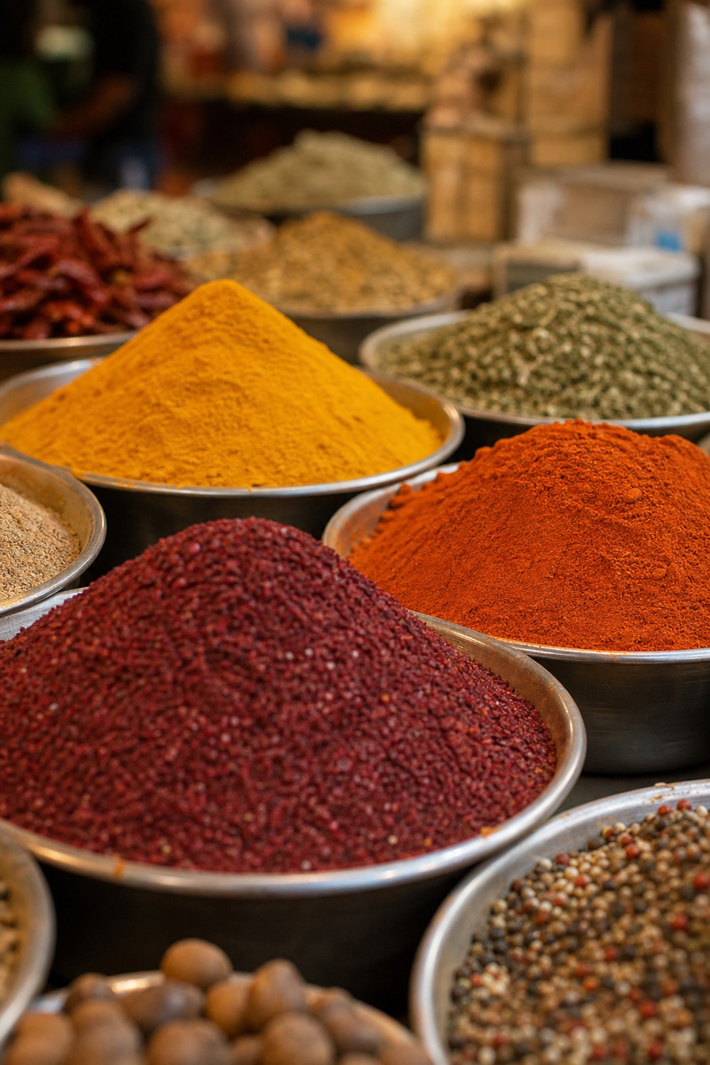 Colorful spice mounds at a Jaffa market stall