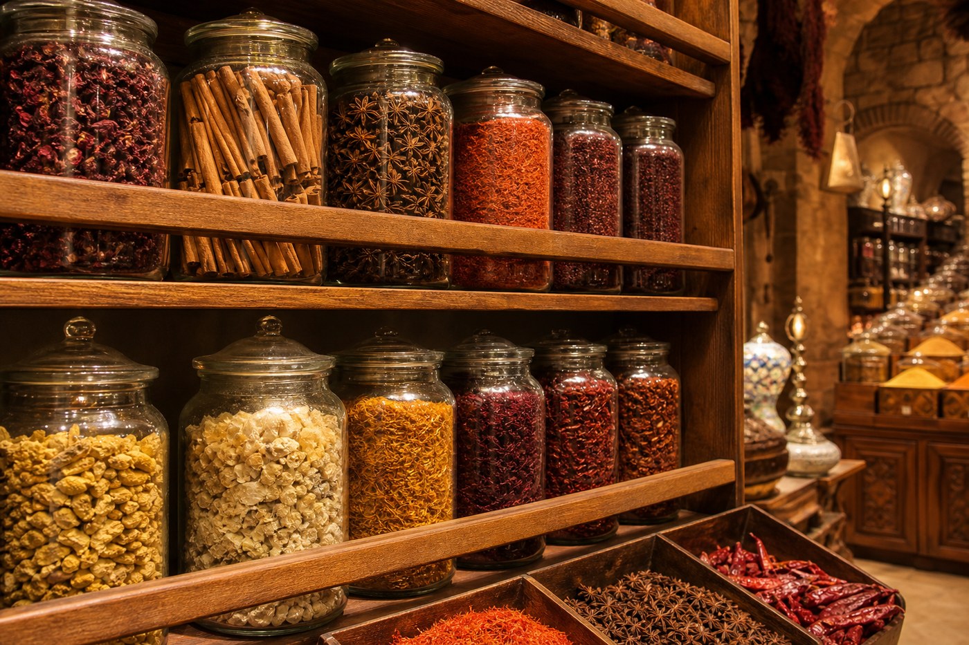 Glass jars of spices on wooden shelves