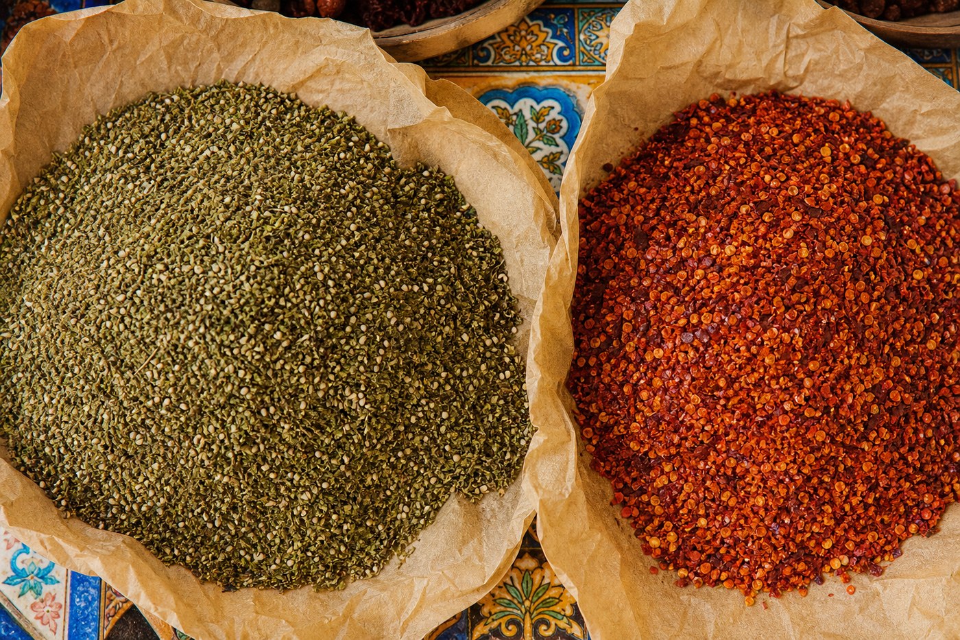 Za'atar and chili piles on a merchant counter