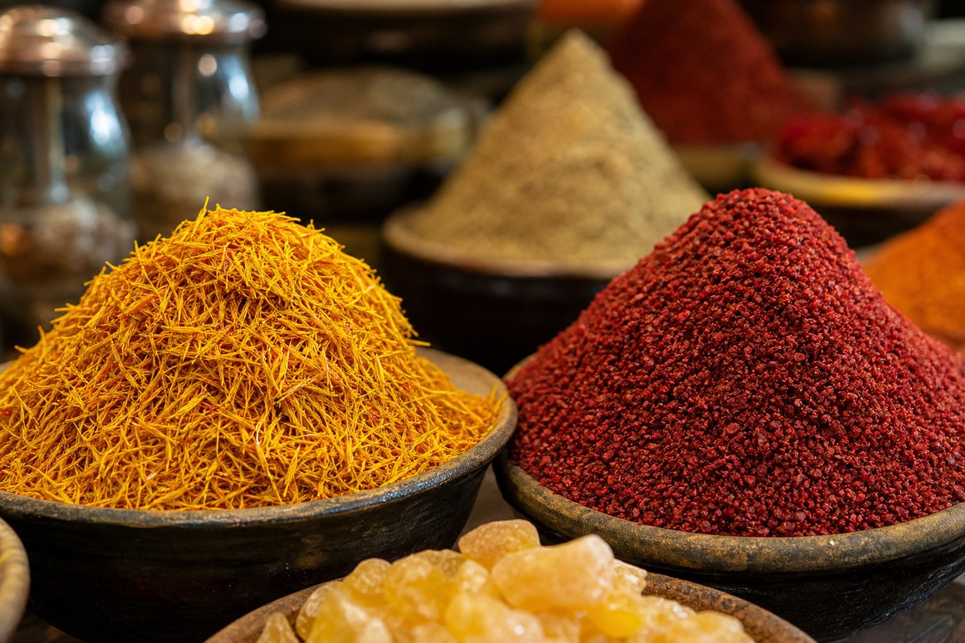 Golden saffron threads and sumac powder