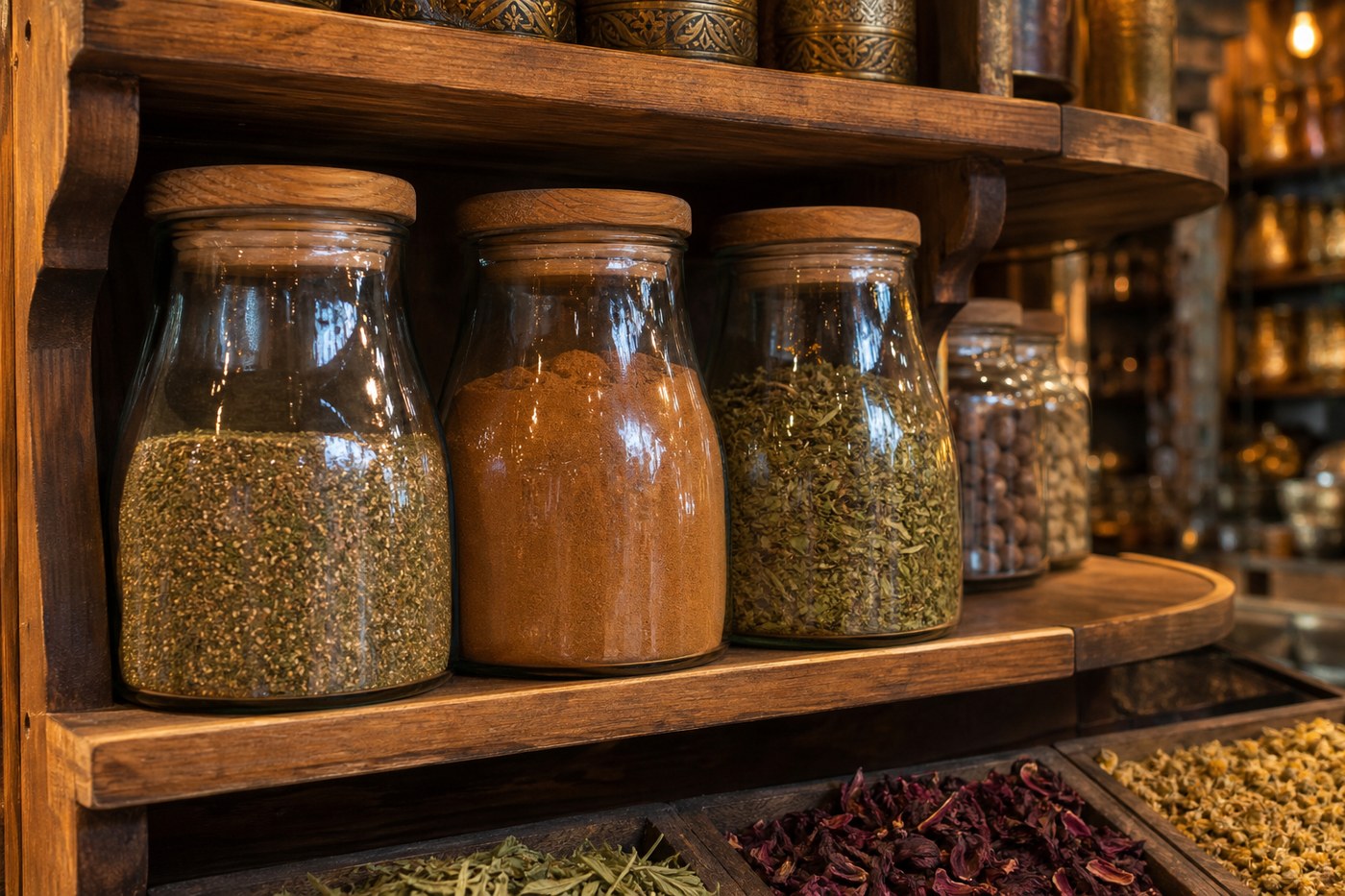 Glass jars of za'atar and baharat on teak shelves